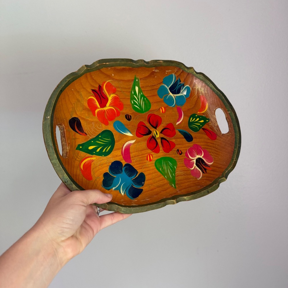 Vintage Hand Painted Floral‎ Wooden Tray Oval Scalloped Folk Art Serving Platter